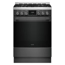 Euromaid EFS6010APDFB 60 cm freestanding dual-fuel cooker with a pyrolytic electric oven and gas cooktop.