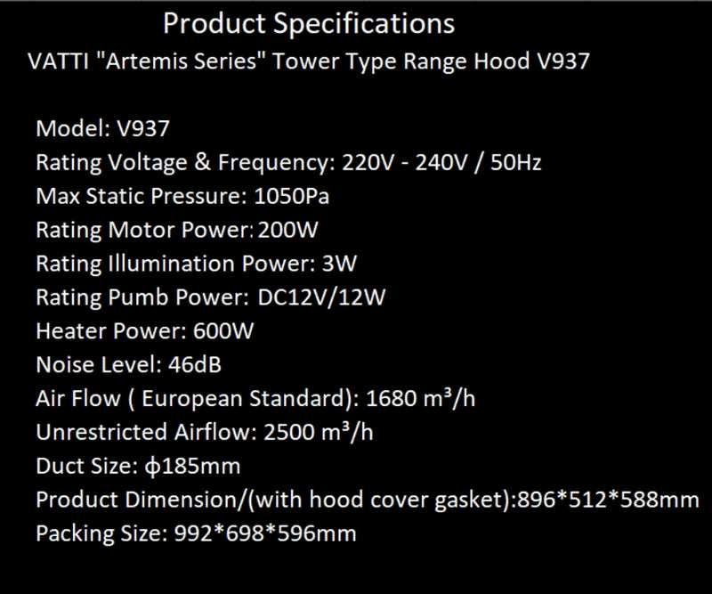 VATTI “Artemis Series” Tower Type Range Hood V937