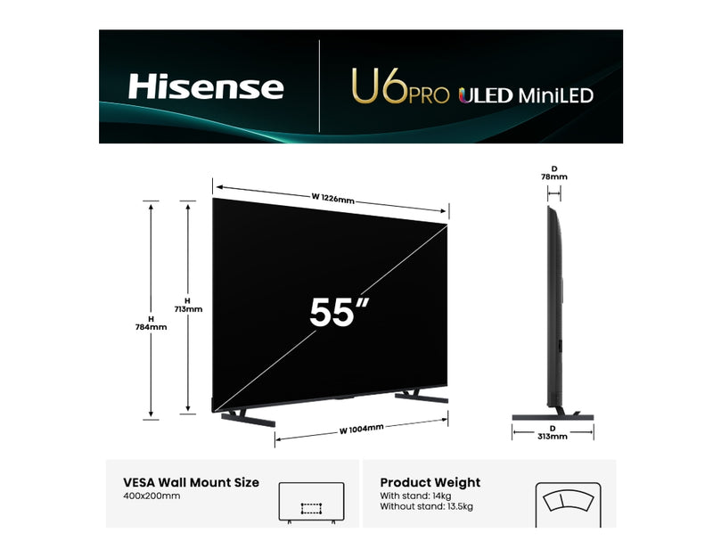 Hisense 55U6QAUPRO ULED MiniLED 55" U6QAU PRO 4K QLED 165Hz Smart TV
