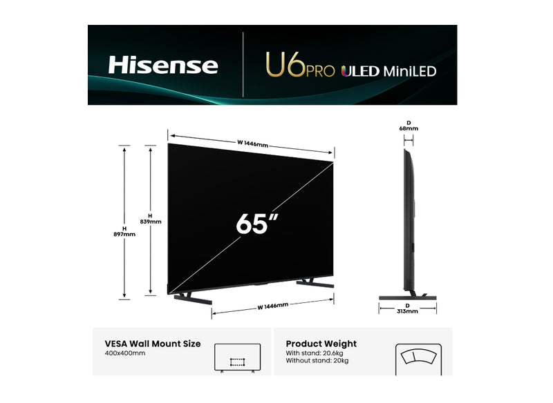 Hisense 65U6QAUPRO ULED MiniLED 65" U6QAU PRO 4K QLED 165Hz Smart TV
