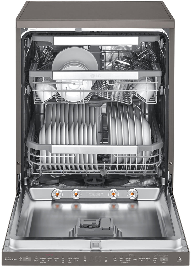 LG XD3A25BS Quadwash Freestanding Dishwasher with plates inside