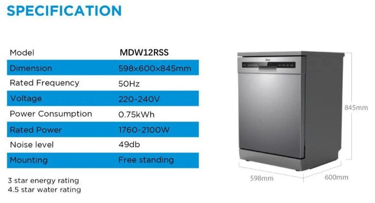 Midea Freestanding Dishwasher 60cm 12 Place Settings MDW12RBS