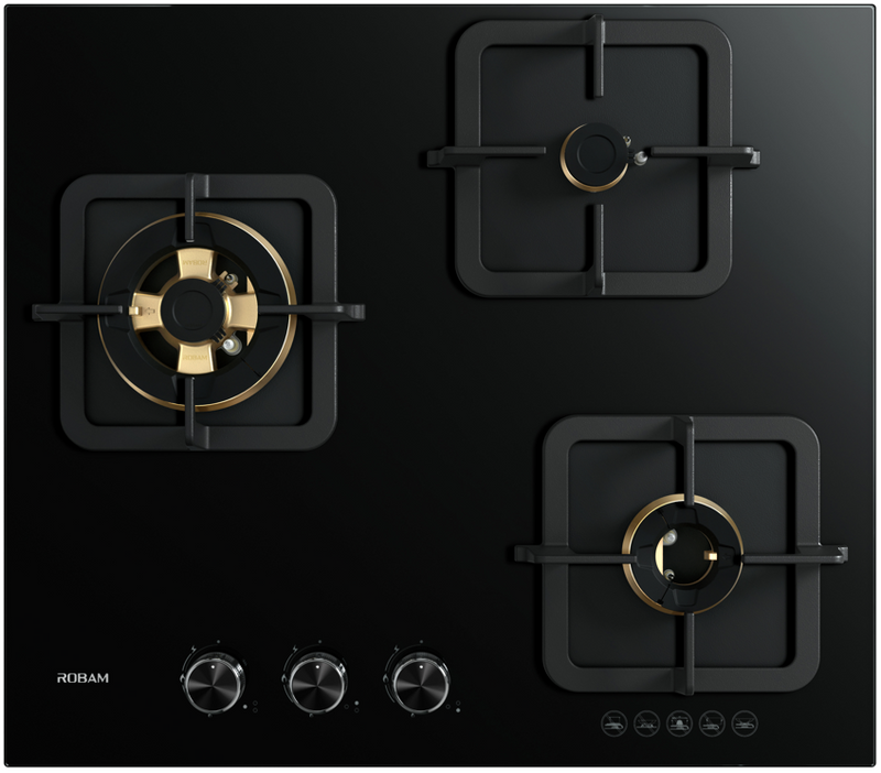 ROBAM 老板 B322 60CM Black Glass Cooktop with 3 Dual Brass Gas Burners Hob