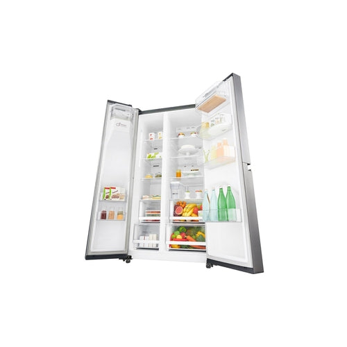 Side by Side Refrigerator with food, fruits and veggies inside